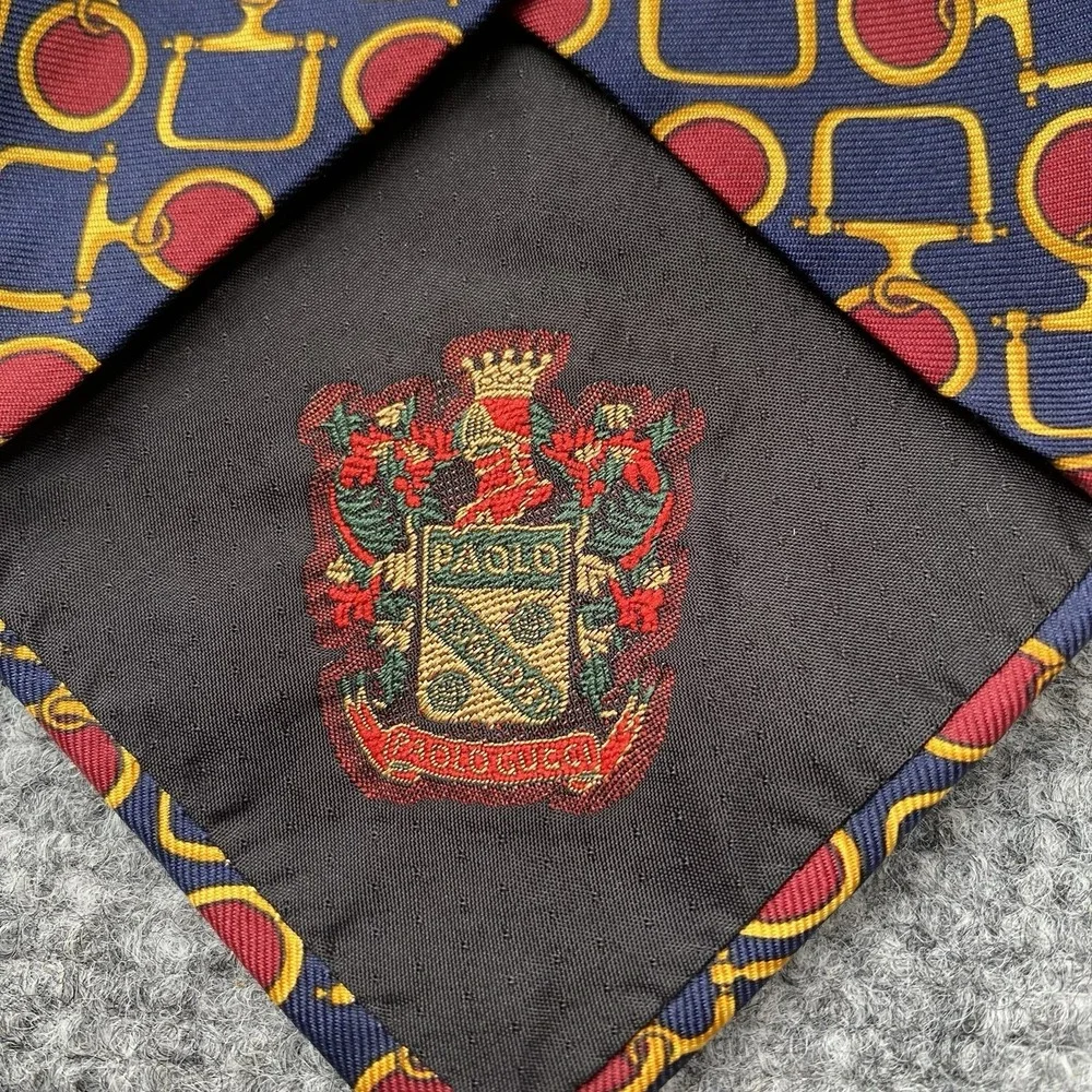 Paolo Gucci Silk Necktie Navy Red Gold Equestrian Horse Bit Geometric Classic